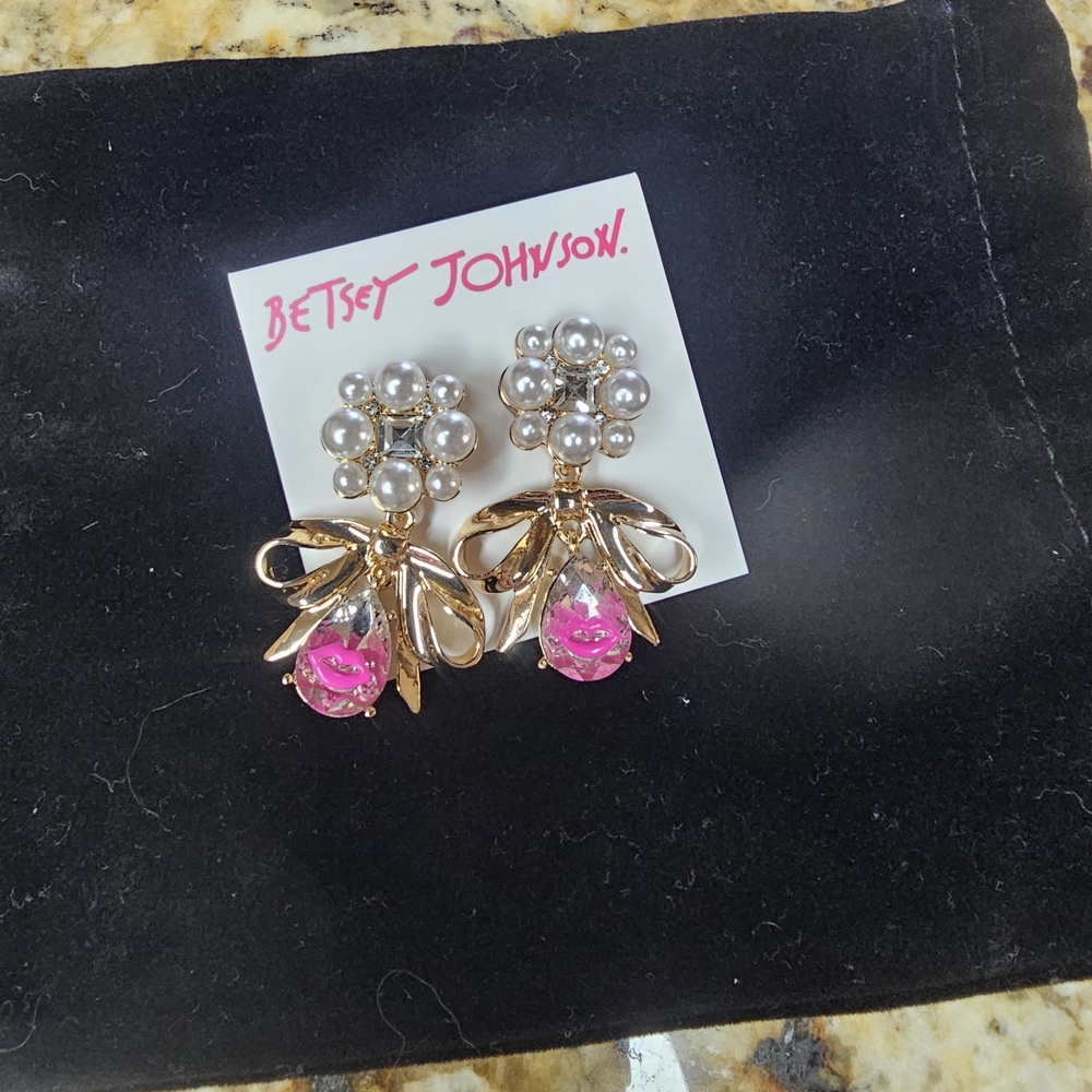 Betsey Johnson Gold Bow Earrings with Pink Teardrops and Pearl Clusters